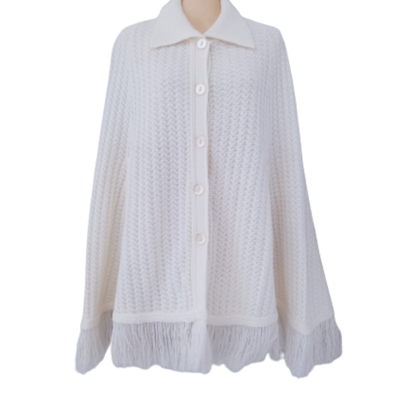 Vintage Cream White Miss Jolie of London Knitwear Knitted Fringed Sweater Cape - Picture 2 of 6